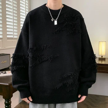 2023 Есен Y2k Streetwear Мъже Нов ретро изтръгнат пискюл пуловер хлабав хип-хоп стил All-мач пуловер мъжки дълъг ръкав пуловер