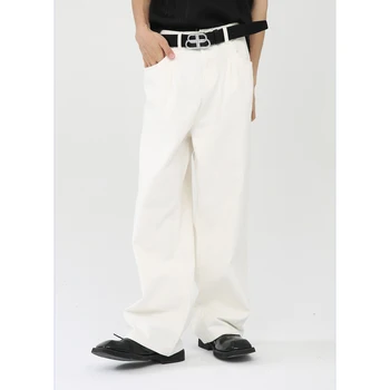 2024 Популярни средна талия хлабав прави дънки за мъже прост стил улица основни широк крак дънкови панталони бял черен безплатна доставка