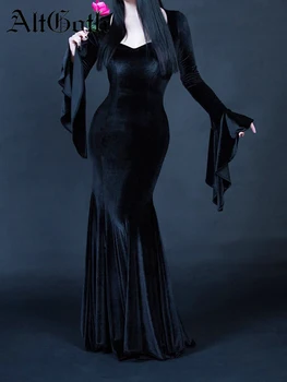 AltGoth Dark Goth Cosplay рокля жени улично облекло реколта елегантен пънк пламък ръкав висока талия кадифе рокля естетически рейв облекло