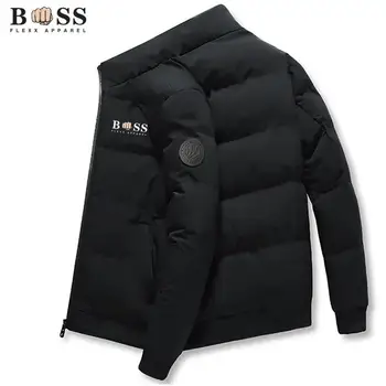 BSS FLEX ОБЛЕКЛО отпечатано мъжко яке, модерно ежедневно удебелено яке, стояща яка, студено устойчиво памучно яке,