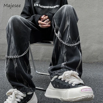 Chain Wide Leg Jeans Men Bleached Punk Style Hip Hop High Street Teenagers Mid Waist Fashion Leisure Washed Spring Autumn Retro