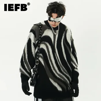 IEFB контрастен цвят кръг врата мъжки пуловер пуловер мохер американски стил мъжки плетене пуловери нова мода пролетта 9C4063