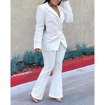 Ансамбли Femme Nothched двойно гърди нетактичност & панталони костюм елегантен бизнес офис дама дамски две Peice комплекти жени бял костюм