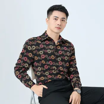 Висококачествена мъжка пролет и есен Корея версия Дълъг ръкав цветя печат ежедневни ризи Slim-fit All Match Street Shirt;