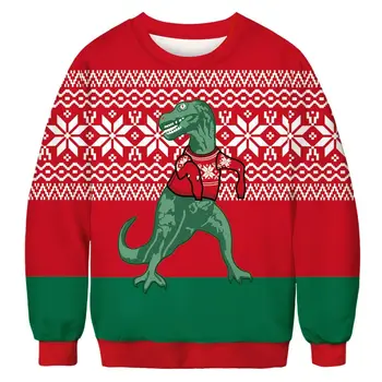 Грозен динозавър 3D отпечатан коледен пуловер мъжки и дамски върхове с качулка Коледа пуловер есен коледен пуловер
