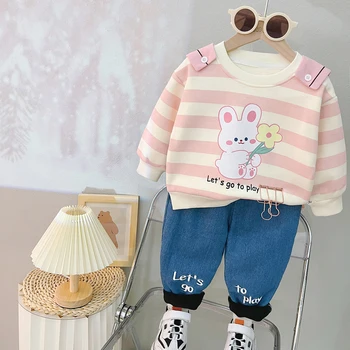 Детски дрехи комплекти за бебета момичета момчета райе плюшени суитчър дънки детски анцуг есен зима бебешки дрехи екипировки
