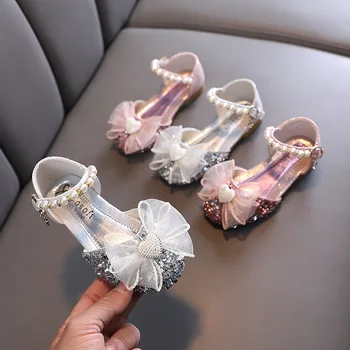 Детски момиче сандали мода универсален лято нехлъзгащи обувки дантела лък случайни принцеса пайети мъниста апартаменти Детски танц сандали