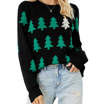 Жените Коледа плета пуловер случайни хлабав коледно дърво жакард дълъг ръкав кръг врата пуловери върховете джъмпери улично облекло