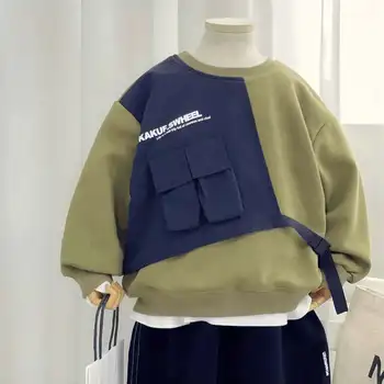 Корейски детски дрехи момчета инструментална екипировка стил мода пуловер пачуърк дълъг ръкав пуловер пролет и есен 2023 Нови