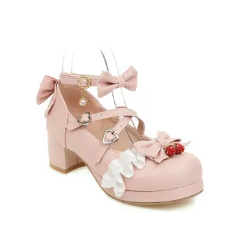 Момичета кожени обувки Лолита обувки сладки къдри Bowknot дантела булчински сватбени обувки жени обувки на висок ток плюс размер 30-43