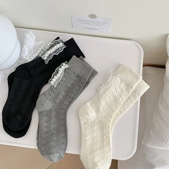 Момичета Лолита Kawaii Черно бял бод високо дълъг под чорапи деца перла дантела с къдри JK японски стил сладък чорапи