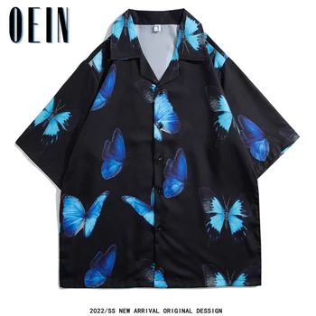 Мъжка пеперуда графичен бутон надолу риза улично облекло печат хавайски новост плаж цвете къси ръкави върховете мода готино T риза