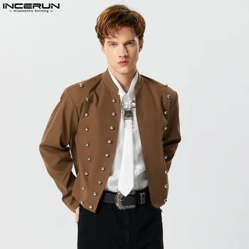 Мъжки якета Плътен цвят Дълъг ръкав Отворен бод Тънки Crop Coats Мъже Улично облекло Есен 2023 Модни ежедневни якета S-5XL INCERUN