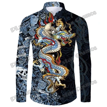 Нова година дракон модел мъжки ризи дълъг ръкав луксозно облекло 3D отпечатани татуировка моден бутон пролет есен мъжки случайни 2024