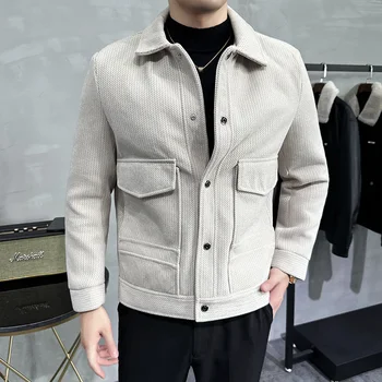 Нова мода вълнени якета мъже ветровка плътен цвят тънък кратко вълнено палто зимата случайни топло ветровка палто размер 3XL-M