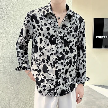 Нова мода Мъжка леопардова печатна риза Висококачествена едноредна риза с дълъг ръкав Мъжки клуб Camisa Social Masculinas