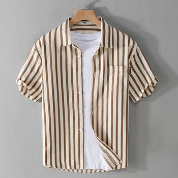 Нова стилна риза с къс ръкав памук на райета Мъжка марка Модерни удобни ежедневни топ дрехи Chemise Homme De Luxe
