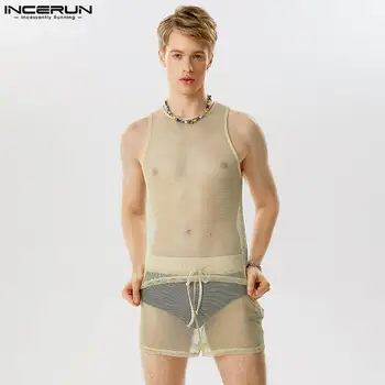 парти нощни клубове стил комплекти INCERUN мъжка мода блясък плат прозрачен окото жилетки шорти секси отдих две части комплекти S-5XL