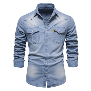 Пролет и есен мода мъжки дрехи 4-цвят S-5XL95% памук джоб риза дълъг ръкав ревера единични гърди случайни деним риза