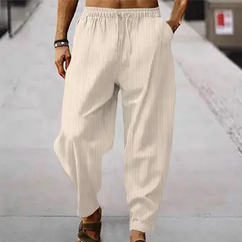 Раирана текстура панталони дишаща спортни sweatpants за мъже широк крак еластична шнур талията мека материя с раирани твърди