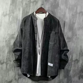 Рипсено кадифе ретро черно сива стойка яка дълъг ръкав японски мъжки ризи пролет есен мода хлабав случайни джоб риза облекло