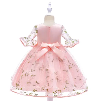 Рокля за момичета Розова детска рокля Средно дълъг ръкав бродирана принцеса рокля парти фотография пътуване