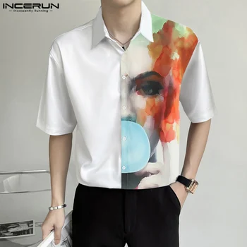 Стилни горещи разпродажба върхове INCERUN нова мъжка мода абстрактно изкуство лице снаждане блуза случайни стойка яка къс ръкав ризи S-5XL