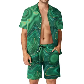 Течен печат Мъжки комплекти Зелено жълто Абстрактни ежедневни шорти Комплект ризи за плажно облекло Лятна тенденция Графичен костюм Извънгабаритни дрехи
