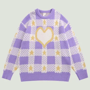 Хип-хоп каре плетени пуловери Мъжка мода Любов звезда пачуърк джъмпер улично облекло Harajuku случайни хлабав O-образно деколте Y2K пуловер жени