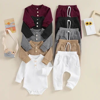 0-12M Бебешки дрехи за бебета момчета Екипировки Твърда вафла дълъг ръкав бутон пуловер бодита + шнур панталони ежедневни екипи