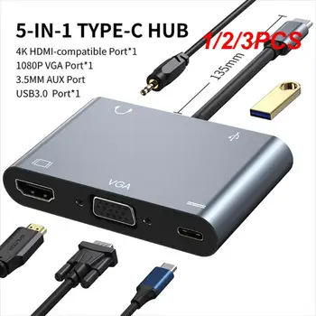1/2/3PCS 5 In 1 Type-c Hub USB-C към 4K HDMI-съвместим VGA PD адаптер USB сплитер докинг станция за компютърен конвертор