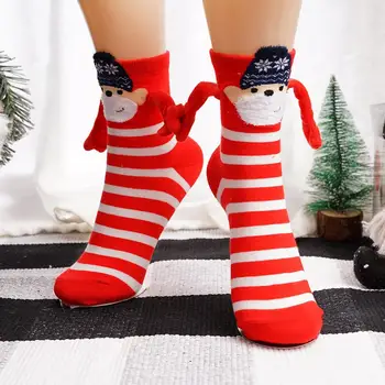 1 двойка Коледа двойка магнитно засмукване държейки ръце чорапи сладък карикатура мека дишаща забавно ръка в ръка средата на прасеца чорапи