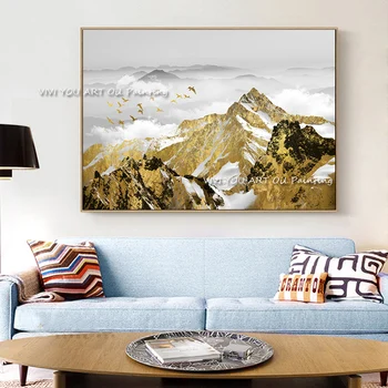 100% ръчно изработено фолио Gold Mountain View Sky Abstract Модерна дебела маслена живопис върху платно Ръчно рисувана текстурирана стена за офис