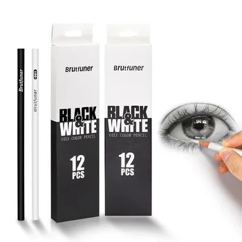 12Pcs Черно-бели цветни моливи Професионален цветен молив за рисуване на маслена основа Дървени цветни моливи на маслена основа за художник и начинаещи изкуства