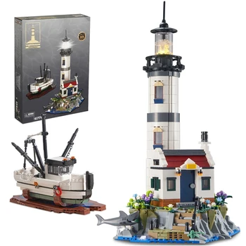 1677PCS електрически фар строителни блокове рибар спасителни лодки фар модел тухли с леки детски играчки коледни подаръци