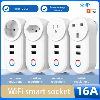 16A Tuya Wifi Smart Socket с 2 USB адаптер за изход за зареждане EU US UK Бразилия Plug Smart Life Control Via Alexa Google Home