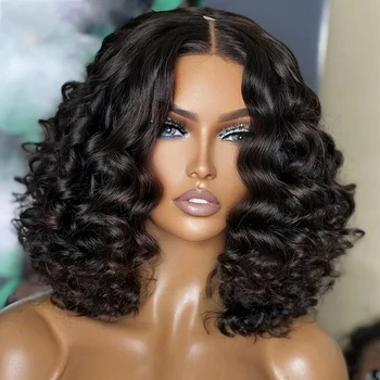 16Inch Short Bob Soft Curly Lace Front Wig For Black Women Baby Hair Synthetic Preplucked Hairline Glueless Deep Wave
