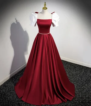 17133#IENA Бургундска вечерна рокля къси ръкави дантела нагоре етаж дължина плисе A-линия квадратна яка сатен плюс размер парти рокля