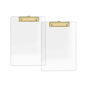 2 пакет прозрачен акрилен клипборд със златна скоба, 8.8X12.2 A4 размер на писмото, училищни и домашни пособия, офис консумативи