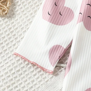2 парче бебе момиче сърце печат пижами оребрени плетени топ панталони Pjs плътно-годни Свети Валентин Ден пижама набор