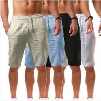 2022 Нови мъжки памучни ленени шорти панталони мъжки летни дишащи плътни цветни ленени панталони фитнес улично облекло S-5XL