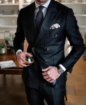 2023 Black Stripe Мъжки костюми Двуреден блейзър Най-новите дизайни на палто Тънък годни 2 броя смокинги по поръчка младоженец абитуриентски бал