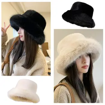 2023 Голяма изкуствена кожа пухкава кофа шапка за жени Луксозна плюшена зимна шапка Сгъстяване на сняг Извънгабаритна кожена кофа шапка Мека голяма Панама N6K8