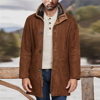 2023 Есен/Зима Мъжки якета Голям размер Средно дълга кожа Интегрирана вълнена палто дълъг ръкав цип тренчкот мъже