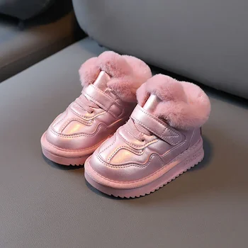2023 Зимни снежни ботуши за момичета PU кожа плюшени топли памучни обувки против хлъзгане меки подметки кадифе меки зимни обувки за дете