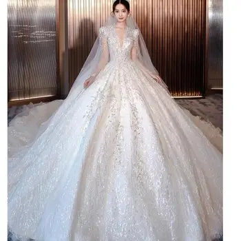 2023 Лятна сватбена рокля с дълъг ръкав Бляскави апликации с V-образно деколте Булчинска рокля принцеса топка рокля бременни жени Вестидо де Новия