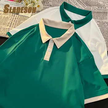 2023 Лято Ново Високо качество сгъсти памук къс ръкав райе поло ризи мъже случайни извънгабаритни тениски Harajuku POLO Shirt Man