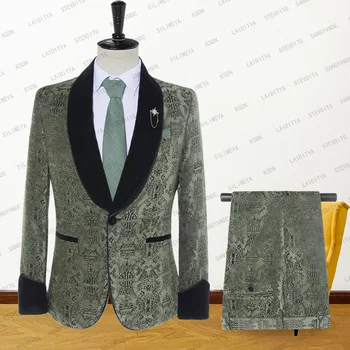 2023 Мъже 2 бр комплект костюми Официален тънък годни смокинг зелен кадифе Reto класически модел черно кадифе ревера мъжки младоженец яке панталони