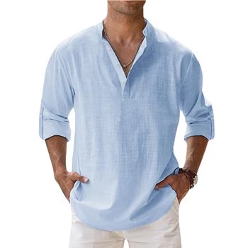 2023 Мъжки ризи Ленено стоящо деколте Тениска с дълъг ръкав Хлабав суитчър Плътен цвят Голям размер мъжки върхове Camisas De Hombre