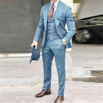 2023 Нов стил тънък годни кльощава мъже костюми елегантен мъжки бизнес комплект еднореден младоженец 3 парчета (яке + панталони + жилетка)